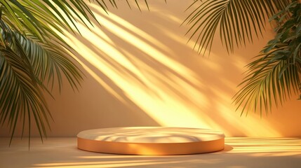 Obraz premium Sunlit Palm Stage Product Display Mockup.