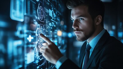 Man in suit interacting with a futuristic digital interface screen