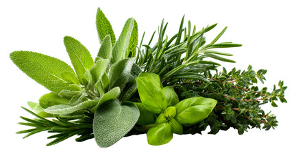 A collection of fresh aromatic herbs including sage, rosemary, basil, and thyme, cut out transparent