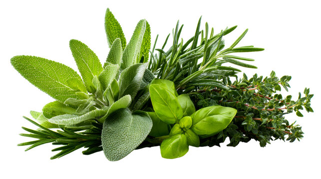 A collection of fresh aromatic herbs including sage, rosemary, basil, and thyme, cut out transparent - Powered by Adobe
