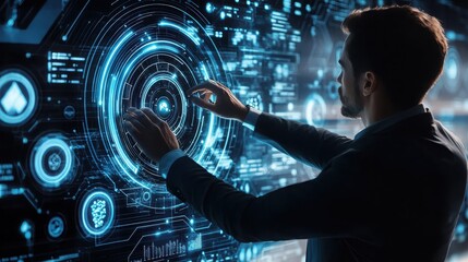 Businessman interacting with a futuristic digital interface with circular design