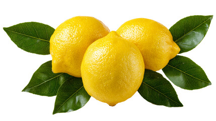 Three ripe yellow lemons with green leaves arranged on a white surface, cut out transparent
