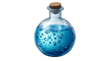Glass flask filled with effervescent blue liquid and cork stopper, cut out transparent