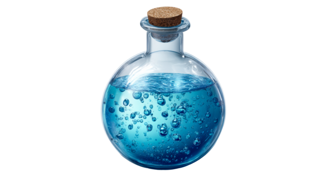 Glass flask filled with effervescent blue liquid and cork stopper, cut out transparent