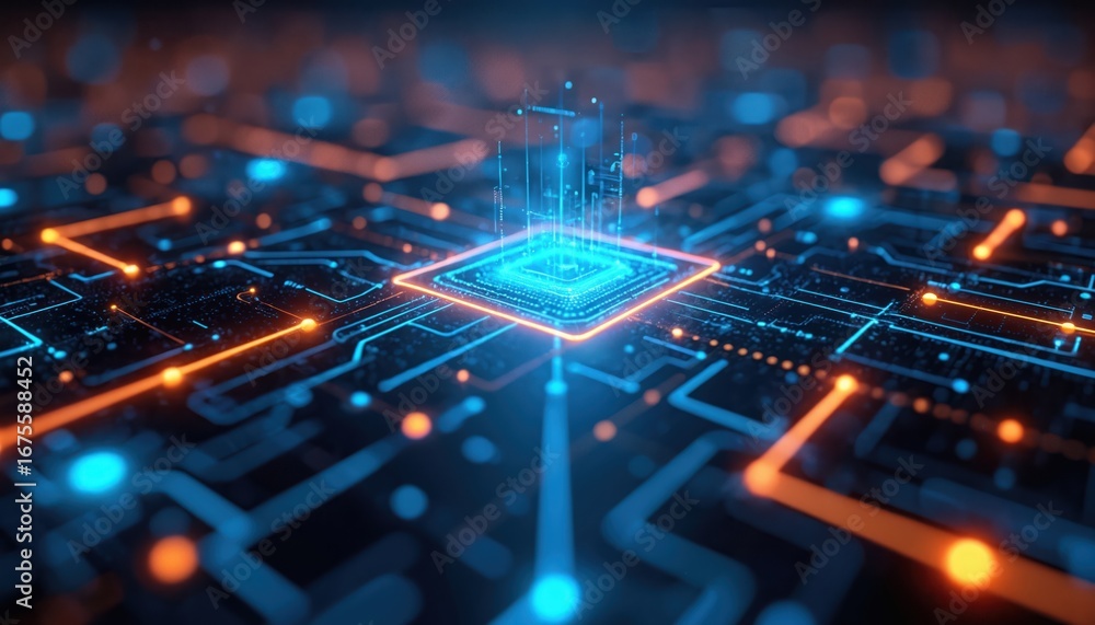 Poster futuristic ai powers e-commerce automation with glowing neon circuit board lines, central processor.