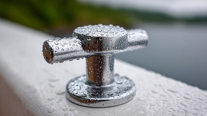 Close-up of a wet boat cleat with water droplets, outdoors.