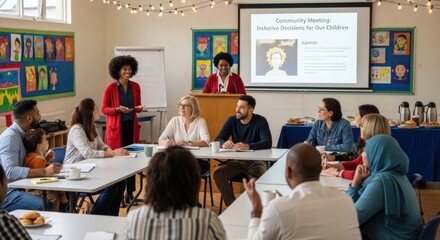 Community Meeting: Inclusive Decisions for Children, Diverse Group Attending Presentation in Classroom with Child Art.