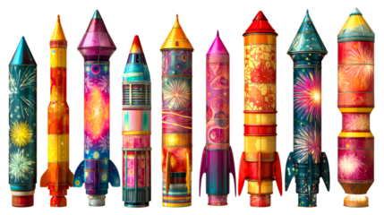 Collection of Nine Whimsical Rockets with Vibrant Fireworks Designs, cut out transparent