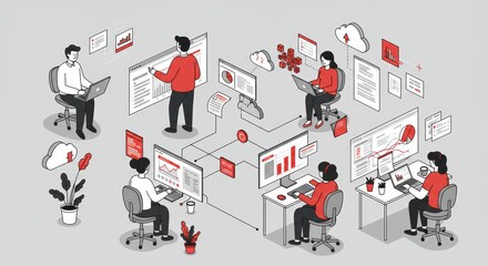 Diverse team collaborates analyzing data for business growth with modern technology in a digital office connecting through cloud solutions