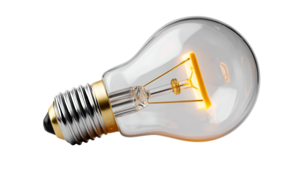 Classic Incandescent Light Bulb Glowing Warm Yellow Light on Gray Surface, cut out transparent
