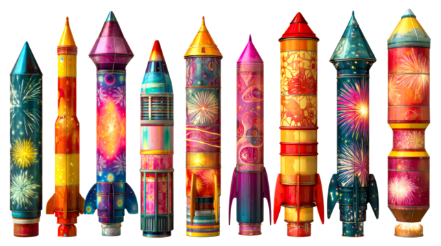Collection of Nine Whimsical Rockets with Vibrant Fireworks Designs, cut out transparent
