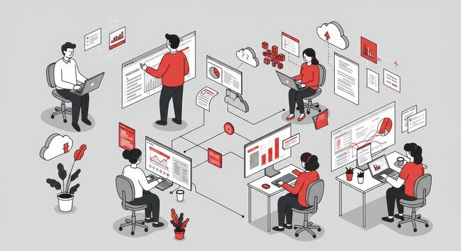 Diverse team collaborates analyzing data for business growth with modern technology in a digital office connecting through cloud solutions