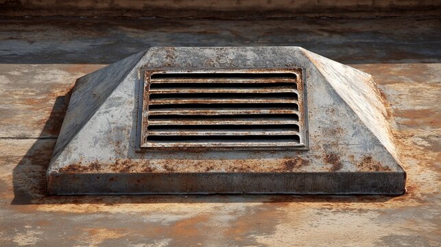 A weathered metal ventilation cover on a rusted surface, showcasing decay and industrial aesthetics. - Powered by Adobe