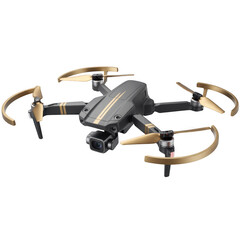 Modern drone with camera isolated on transparent background, featuring sleek design and gold accents