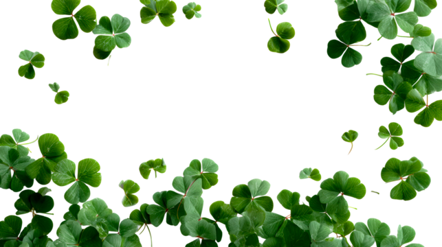 Fresh green clover leaves arranged on a white background border, cut out transparent