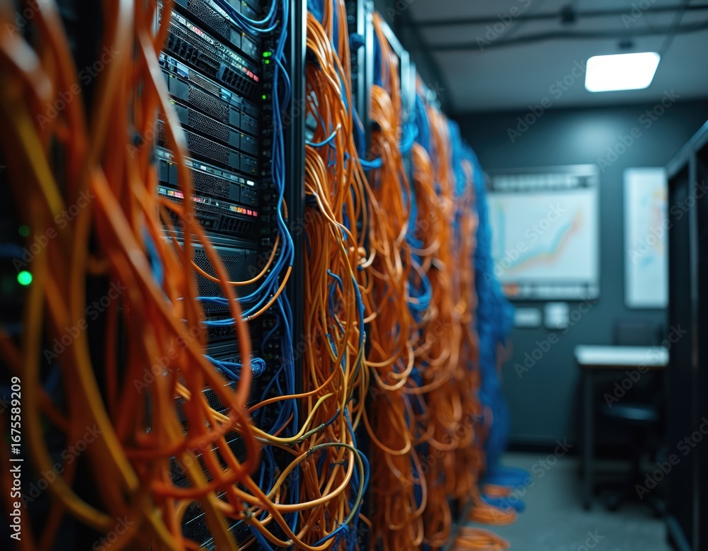 Poster tangled mass of orange and blue wires fills server room, connecting technology infrastructure. chaos