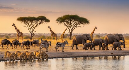 Majestic African wildlife gather at a watering hole at sunrise, showcasing giraffes, zebras, elephants, and lions in a serene, golden light.