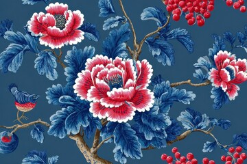 Chinese floral porcelain pattern featuring vibrant blooms, detailed leaves, and decorative elements showcasing intricate artistry from traditional ceramics