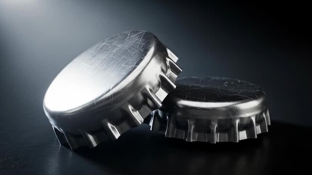Two metallic bottle caps, slightly angled, on a dark surface