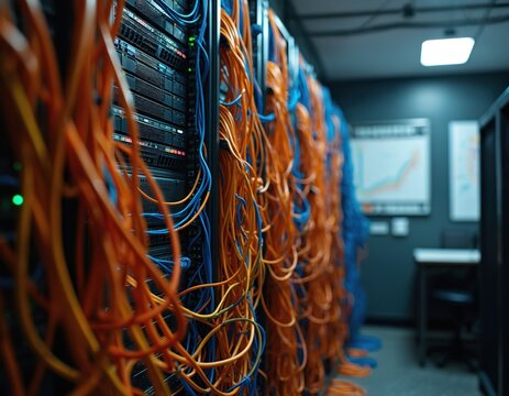 Tangled mass of orange and blue wires fills server room, connecting technology infrastructure. Chaos and complexity in IT network, datacenter hardware, computing systems, and communication cables.