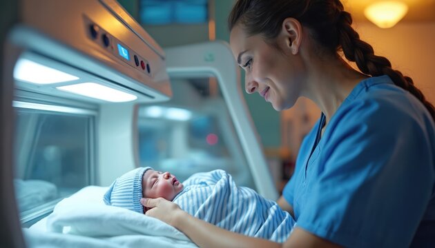 Neonatal nurse gently cares for newborn baby in hospital incubator. Woman in blue scrubs holds infant, nurturing vulnerable premature child. Medical technology supports infant health, promoting baby