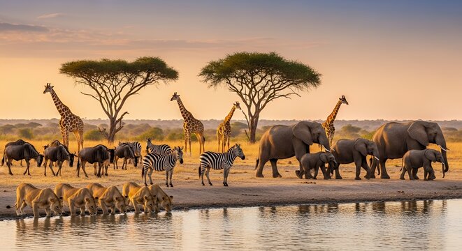 Majestic African wildlife gather at a watering hole at sunrise, showcasing giraffes, zebras, elephants, and lions in a serene, golden light. - Powered by Adobe
