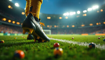 Football boot steps on vibrant stadium turf, preparing for match. Close-up on player cleat, grass texture. Blurred stadium lights create dynamic atmosphere, hinting at intense competition, energy.