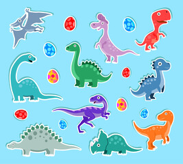set of cute cartoon dinosaur stickers and eggs