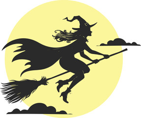 Halloween witch and Black claud, vector. Witch flying on broomstick in front of full moon Halloween night with moon vector.