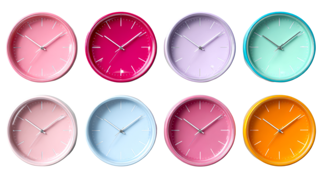 Eight Colorful Round Wall Clocks Arranged in Two Rows, cut out transparent