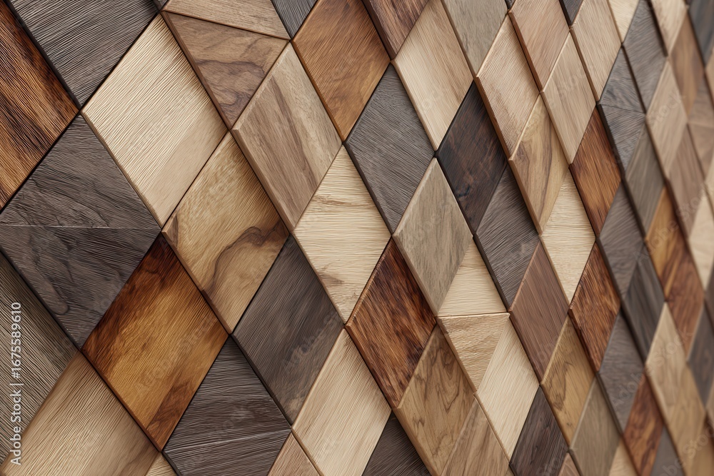 Aufkleber mosaic wood block wall design showcasing intricate patterns and textures in a warm, inviting setting