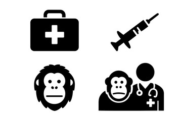 Orangutan rescue icon set. Veterinary care for wildlife animals. Primate conservation and rehabilitation solid glyphs. Vet with ape, tranquilizer dart, and medical kit symbols.