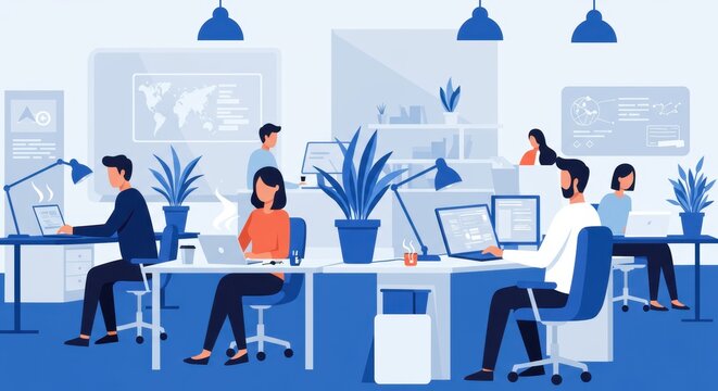 Diverse team collaborates in a modern open office space enhancing productivity and innovation