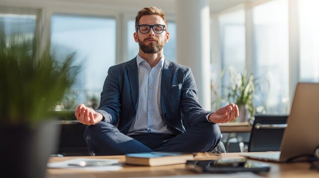 Calm businessman meditating at his desk in the office for stress relief