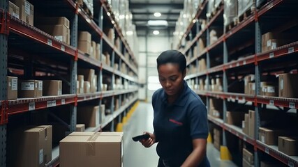 Black Woman in Blue Uniform Examining Cardboard Box in Warehouse Surrounded By Racks of Brown Packages