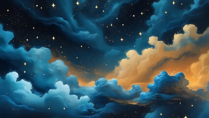 Dreamlike Celestial Cloudscape:  Abstract Blue and Gold Night Sky with Sparkling Stars, Painterly Texture.