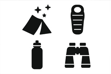 Camping icon collection. Solid glyph icons for outdoor adventure. Vector set includes tent, sleeping bag, binoculars, water bottle. For hiking, travel, exploration design.