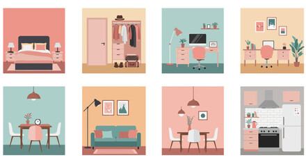 A collection of minimalist pastel-toned room illustrations showcasing various home interiors, including bedroom, closet, office, kitchen, and living areas.