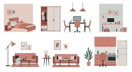 Illustrative depictions of various rooms in a modern house, showcasing furniture and decor.