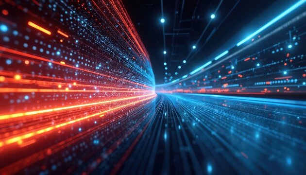Abstract digital background featuring streaks of red, blue light, representing data flow, speed. Scene evokes themes of technology, cyberspace, high-speed information transfer, suitable for