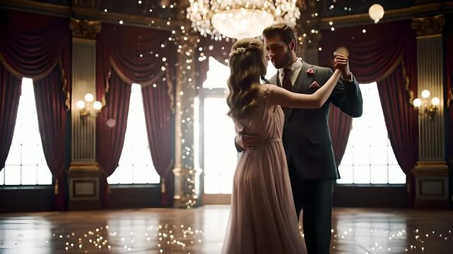 Couple dances romantically in ballroom. Elegant dance, formal event, wedding, anniversary, romance. Can be used in advertising, film, event promotions, music videos, or as a digital backdrop.