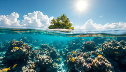 Naklejka premium Split-view coral reef with marine life and tropical island. 