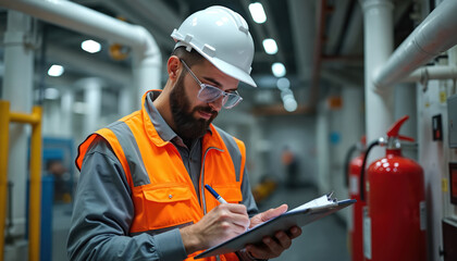 Maritime engineer in orange vest, hard hat reviews checklist clipboard. Bearded man with glasses diligently notes inspection details for ship safety maintenance. Focused worker in industrial vessel