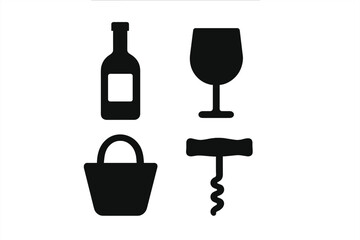 Wine tasting icon set. Vector glyphs of bottle, glass, corkscrew, picnic basket. Alcohol, beverage concept. Outdoor party, winery, bar, restaurant menu symbol. Solid silhouette.