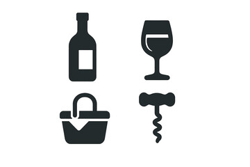 Wine tasting essentials vector icon set. Solid pictograms of a wine bottle, glass, corkscrew, and picnic basket. Outdoor dining, party and celebration concept graphic.
