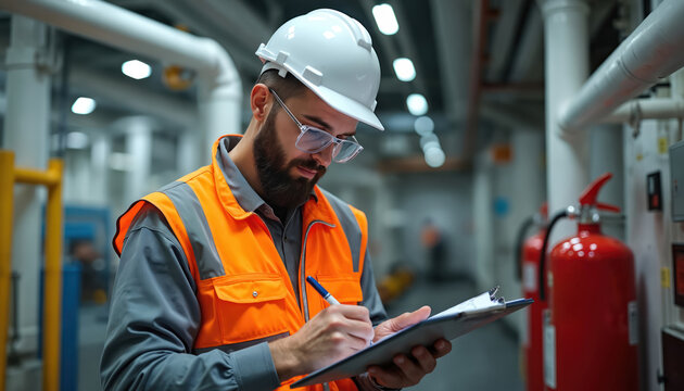 Maritime engineer in orange vest, hard hat reviews checklist clipboard. Bearded man with glasses diligently notes inspection details for ship safety maintenance. Focused worker in industrial vessel