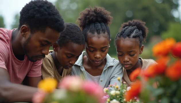 Black family, father, three children, bow heads in somber reflection at cemetery gravesite. Colorful flowers in foreground add touch of life to scene of loss, remembrance. Tender moment captures