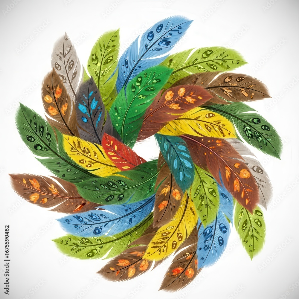 Poster artistic feathers arrangement, creating colorful and captivating design element