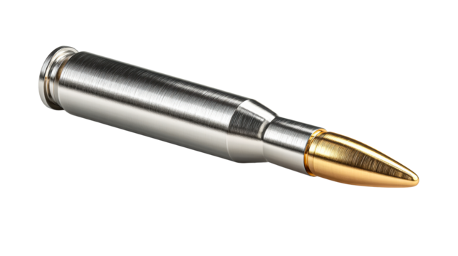 Metallic bullet with golden tip against a clean white background, cut out transparent