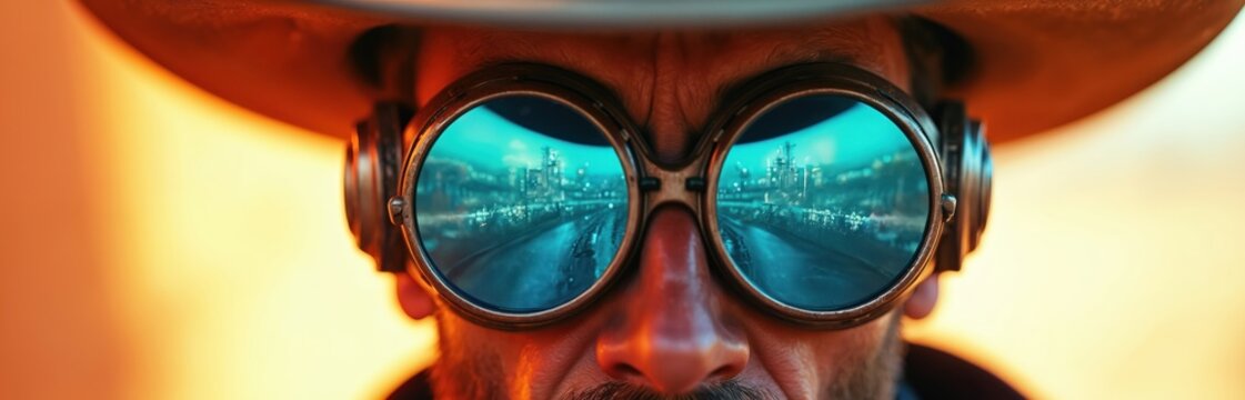 Close-up portrait of futuristic cowboy wearing steampunk goggles, reflecting vibrant city at dusk. Man hat, goggles suggest blend of old west adventure with advanced technology, hinting at sci-fi